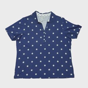 Cathy Daniels Womens XL Top Blue White Stars Patriotic Polo Shirt Cotton Blend